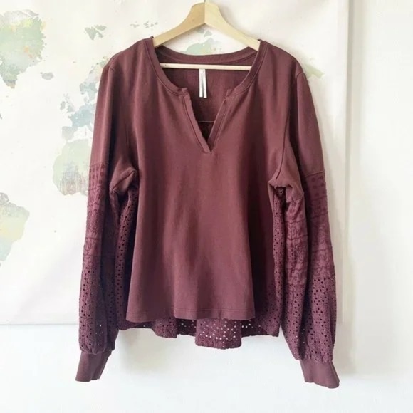ANTHROPOLOGIE MAROON EYELET COTTON Y-NECKLINE SWEATSHIRT - Picture 1 of 8